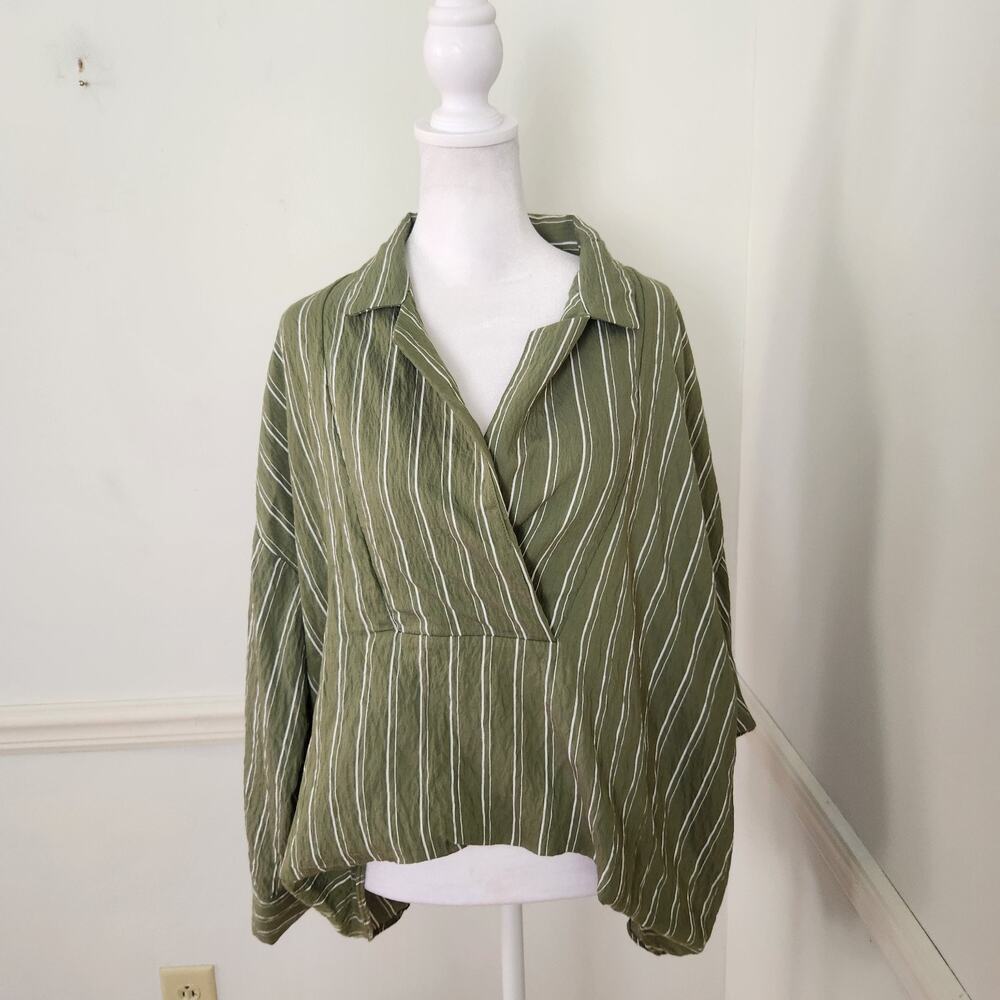 Anthropologie Dylan Long Sleeve Wide Placket Shirt Small Womens Green Stripe Top
